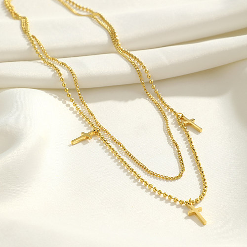 Collares de doble capa chapados en oro de 18K con revestimiento de acero inoxidable cruzado de estilo Simple