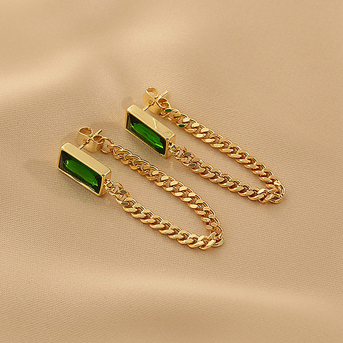 1 paire de boucles d'oreilles pendantes en acier inoxydable et Zircon, Style rétro Simple, incrustation de placage rectangulaire