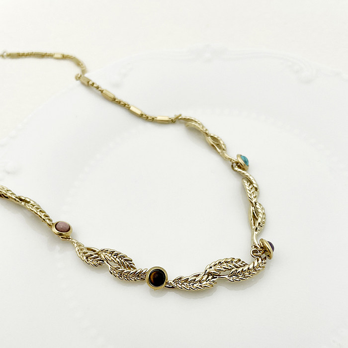 Elegante estilo simples folha chapeamento de aço inoxidável incrustação colar banhado a ouro turquesa