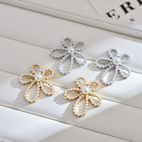 1 paire de clous d'oreilles en perles d'acier inoxydable, incrustation de fleurs de Style coréen pour femmes