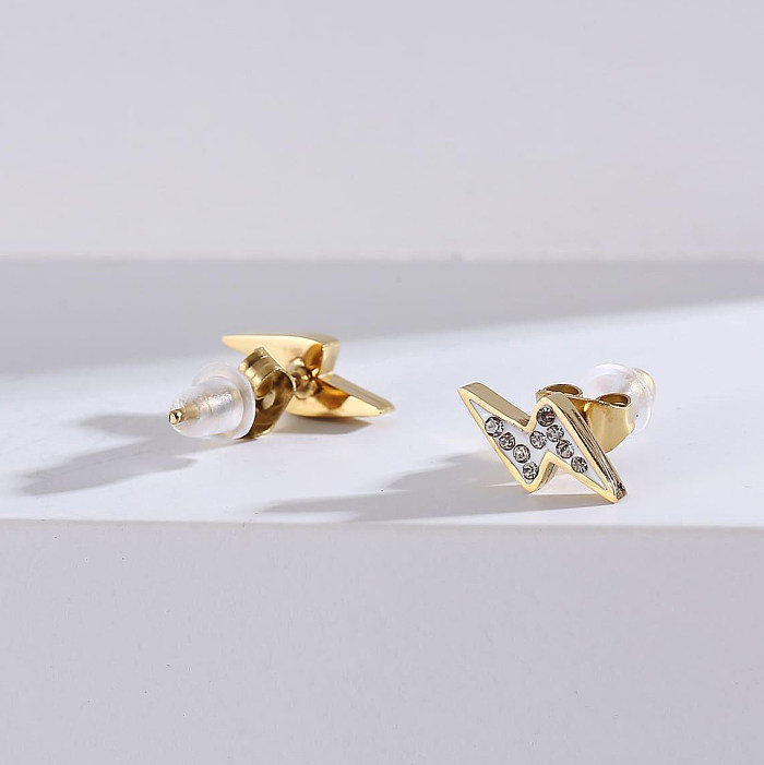 Pendientes de acero inoxidable con relámpagos a la moda, aretes de acero inoxidable con diamantes de imitación chapados en oro tridimensionales, 1 par