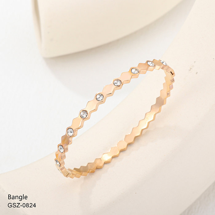 Wholesale Casual Classic Style Geometric Solid Color Stainless Steel Plating Inlay Rose Gold Plated Gold Plated Silver Plated Rhinestones Bangle