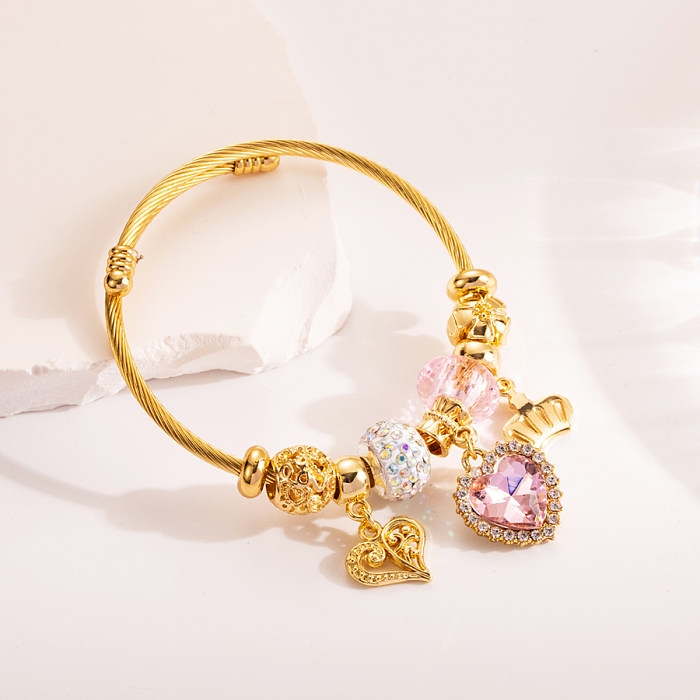 Brazalete chapado en oro de cristal Artificial con incrustaciones de cuentas de acero de titanio y oso de ojo de diablo, bonito y romántico