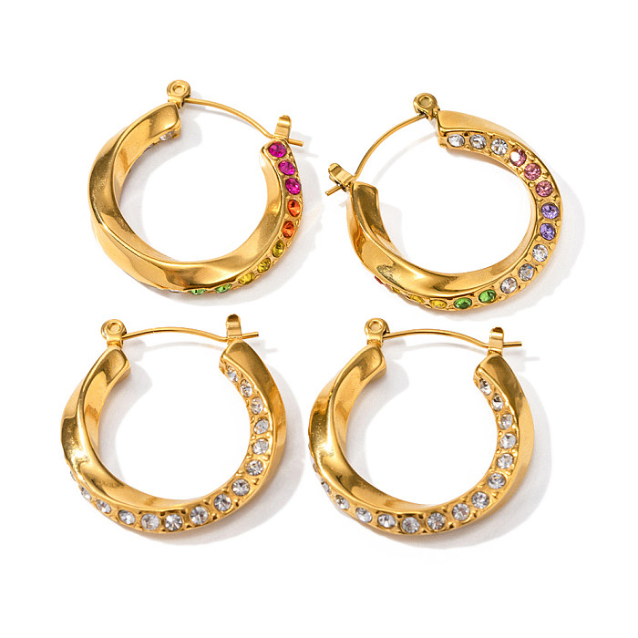 1 paire de boucles d'oreilles créoles plaquées or 18 carats, style moderne, incrustation ronde en acier inoxydable, diamant artificiel