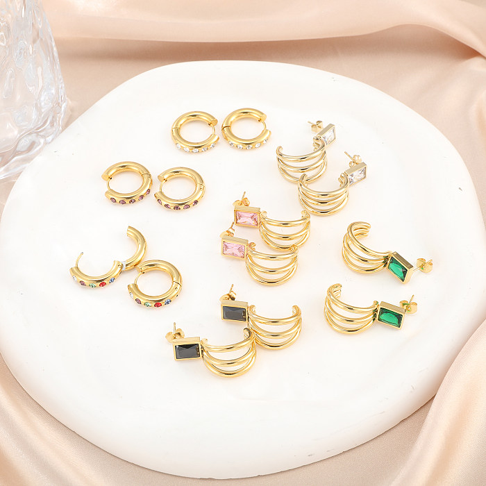 1 Paar elegante Retro-Ohrringe in C-Form mit quadratischer Beschichtung und Inlay aus Edelstahl mit Zirkon und 18-Karat-Vergoldung