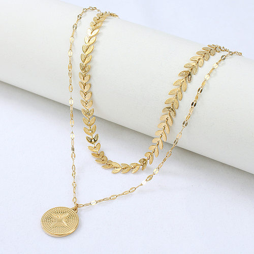 Round Tag Stainless Steel  Pendant Leaf Chain Retro Double Layered Necklace Wholesale jewelry