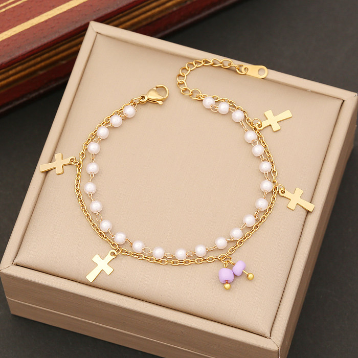 Simple Style Commute Cross Four Leaf Clover Flower Stainless Steel Artificial Pearl Beaded Layered Plating Bracelets