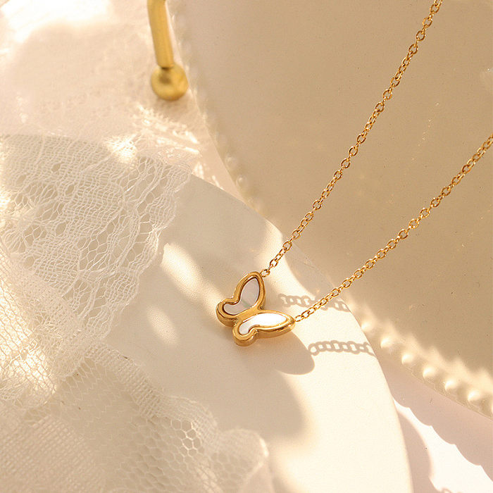 Simple Butterfly White Sea Shell Necklace Set Earrings Stud Earrings 18K Gold Titanium Steel