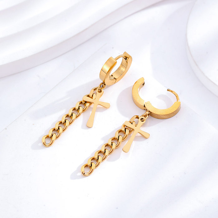 Boucles d'oreilles pendantes plaquées or 1 carats, 24 paire, croix de Style Simple, incrustation de strass en acier inoxydable