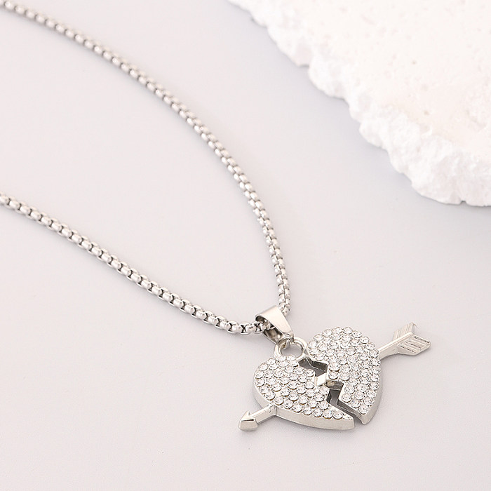 Simple Style Korean Style Heart Shape Stainless Steel  Rhinestones Pendant Necklace In Bulk
