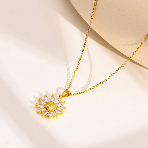 Fashion Flower Stainless Steel Plating Inlay Zircon Pendant Necklace 1 Piece