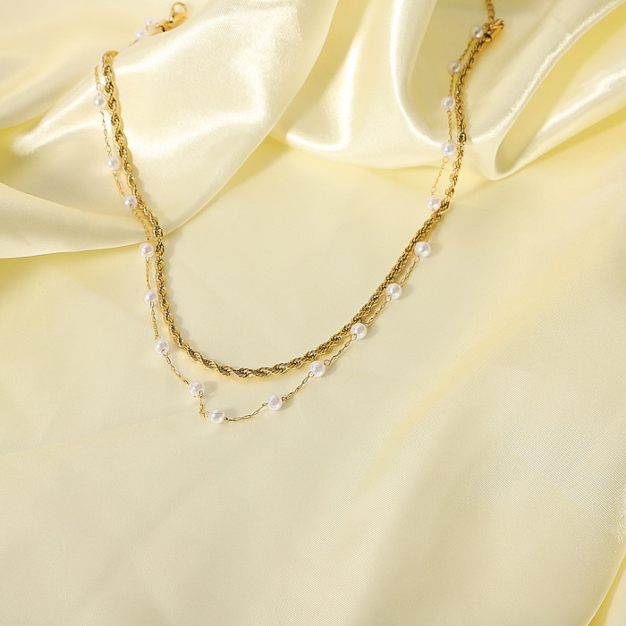 Collar de cuentas torcidas de doble capa de perlas de acero inoxidable con diseño minoritario de moda europea y americana para mujer