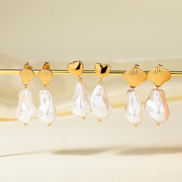 1 Paar lässiger, schlichter Stil, klassischer Stil, unregelmäßige Beschichtung, künstliche Perle aus Edelstahl, vergoldete Tropfenohrringe