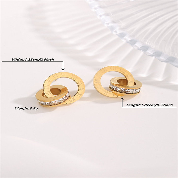 1 Pair Casual Modern Style Circle Number Plating Inlay Stainless Steel Zircon Gold Plated Ear Studs