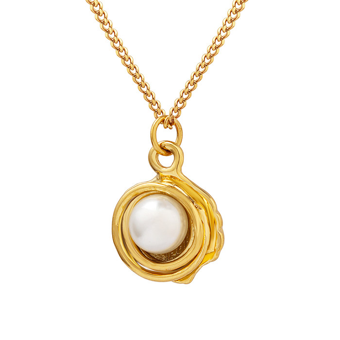 Elegant Geometric Stainless Steel  Inlay Artificial Pearls 18K Gold Plated Pendant Necklace