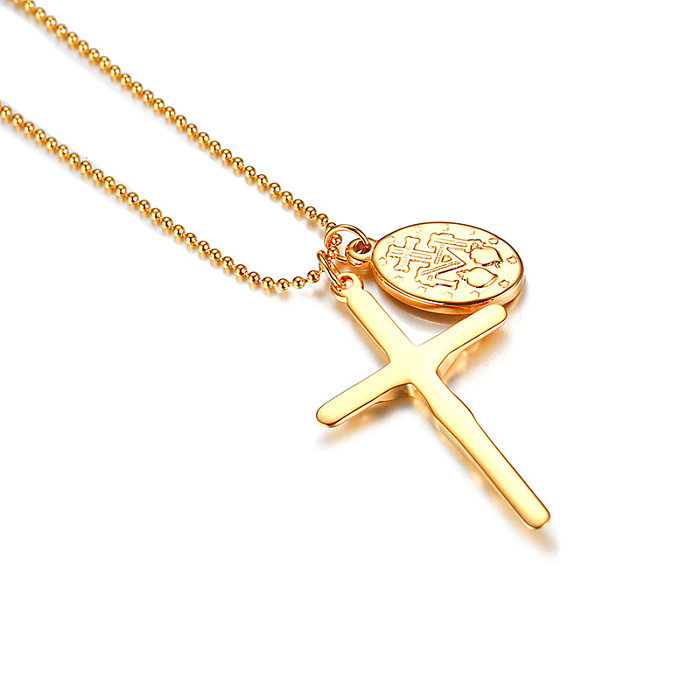 Collier avec pendentif en forme de croix de style romain, plaqué or, style vintage, en acier inoxydable