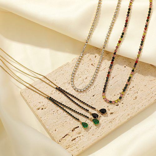 Lässige, bunte Wassertropfen-Halskette mit Edelstahlbeschichtung und Inlay-Zirkon-Vergoldung