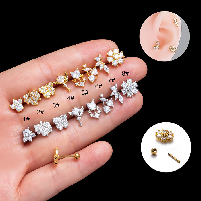 1 Piece French Style Simple Style Leaves Flower Butterfly Plating Inlay Stainless Steel  Zircon 18K Gold Plated Cartilage Earrings