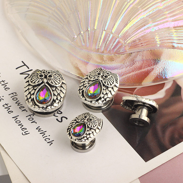 Retro Fashion Owl Stainless Steel  Plating Inlay Artificial Gemstones Earrings