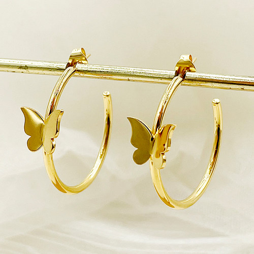 1 Pair Retro Romantic Butterfly Stainless Steel  Plating Butterfly 18K Gold Plated Hoop Earrings
