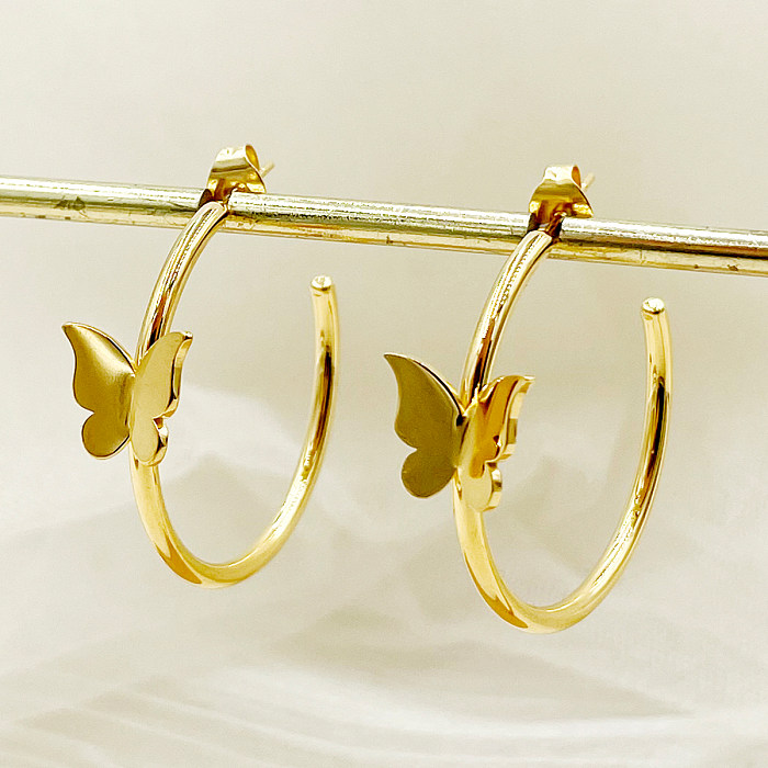 1 par de brincos de argola banhados a ouro 18K com borboleta retrô romântica em aço inoxidável