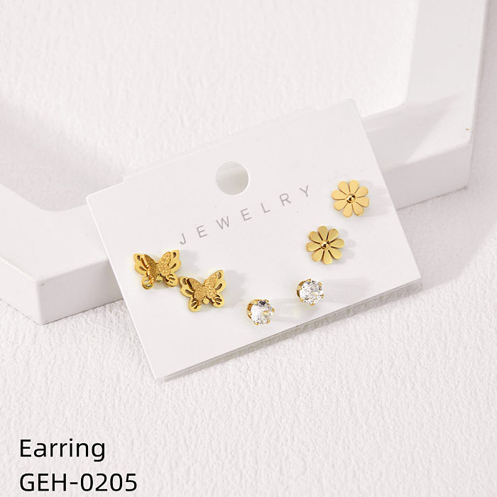 3 Pairs Simple Style Four Leaf Clover Flower Plating Hollow Out Inlay Stainless Steel  Rhinestones Shell Gold Plated Earrings
