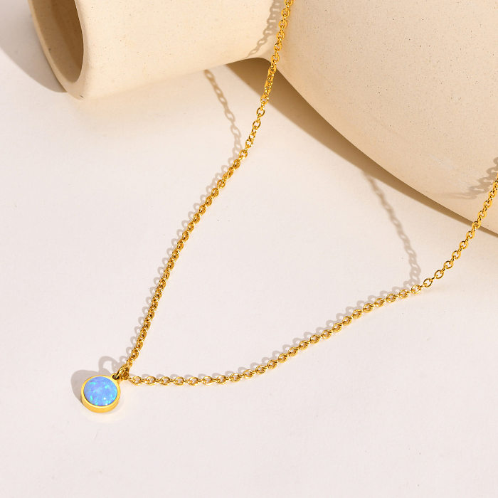 Elegant Round Stainless Steel Plating Opal Stone Pendant Necklace