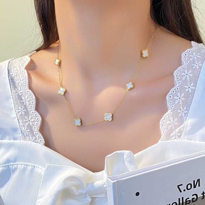 Mode trèfle à quatre feuilles en forme de coeur en acier inoxydable placage perles artificielles Zircon pendentif collier 1 pièce