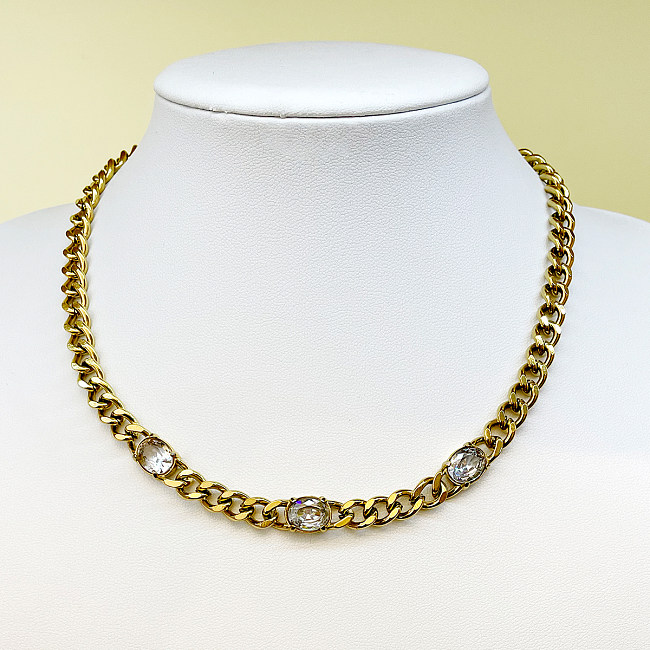 Einfache Streetwear-Halskette mit ovaler Edelstahl-Polierbeschichtung und Inlay-Zirkon-Vergoldung