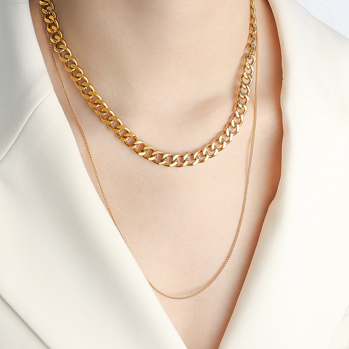 Simple Style Solid Color Stainless Steel Plating 18K Gold Plated Layered Necklaces
