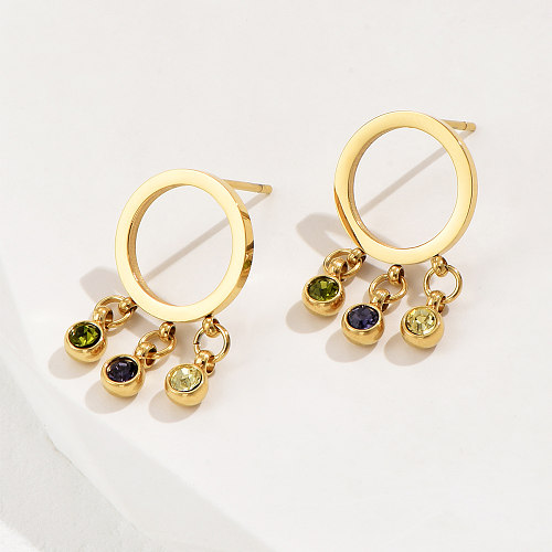 Sweet Circle Stainless Steel  Stainless Steel Tassel Hollow Out Inlay Artificial Rhinestones Drop Earrings 1 Pair