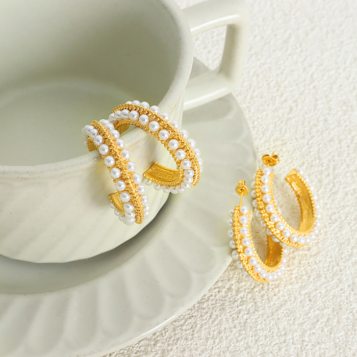 1 par de pendientes chapados en oro de 18 quilates con incrustaciones geométricas de estilo barroco para mujer, perlas artificiales de acero inoxidable