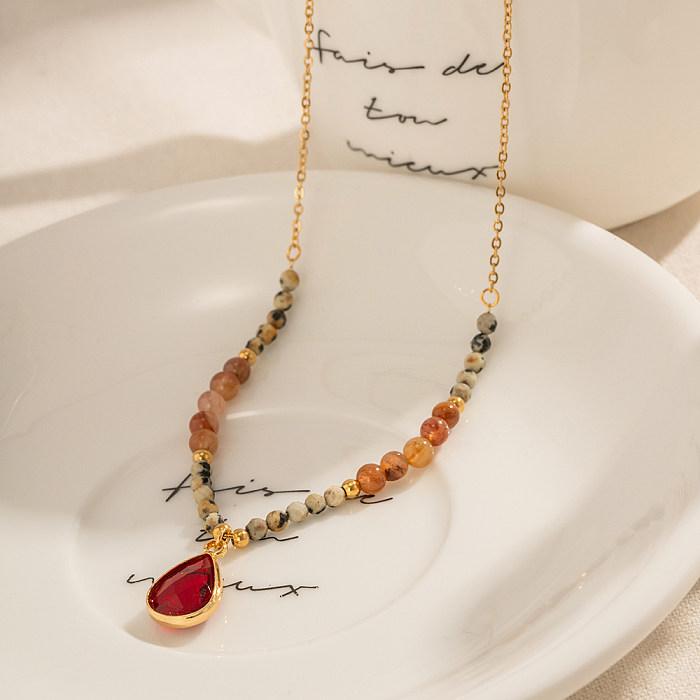 Collier pendentif plaqué or 18 carats, Style IG, gouttelettes d'eau décontractées, incrustation de placage de perles en acier inoxydable, pierre naturelle