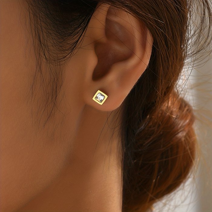 1 paire de clous d'oreilles carrés en acier inoxydable, Style Simple, incrustation de Zircon plaqué or 14 carats