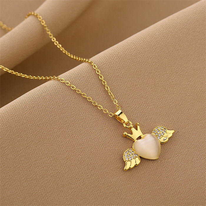 Fashion Heart Shape Wings Stainless Steel Inlay Rhinestones Opal Necklace 1 Piece
