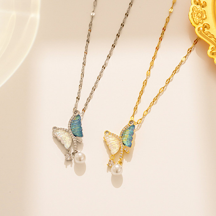 Schlichter Stil, klassischer Stil, Schmetterlings-Halskette aus 18 Karat vergoldetem Edelstahl mit Perlen und Zirkon-Anhänger in großen Mengen