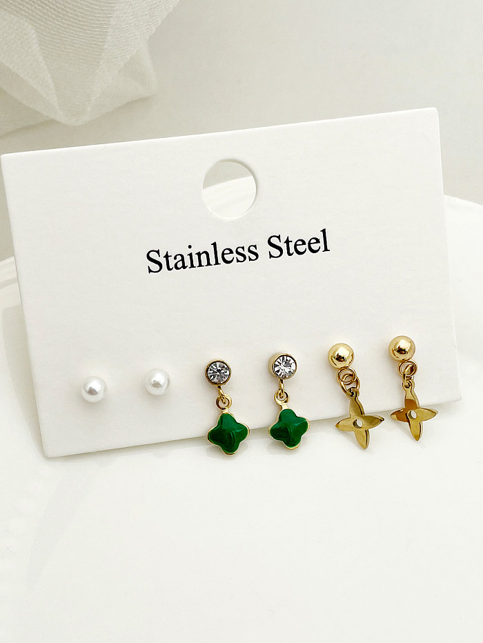1 Set Casual Sweet Simple Style Star Moon Enamel Plating Inlay Stainless Steel  Artificial Pearls Zircon Gold Plated Ear Studs