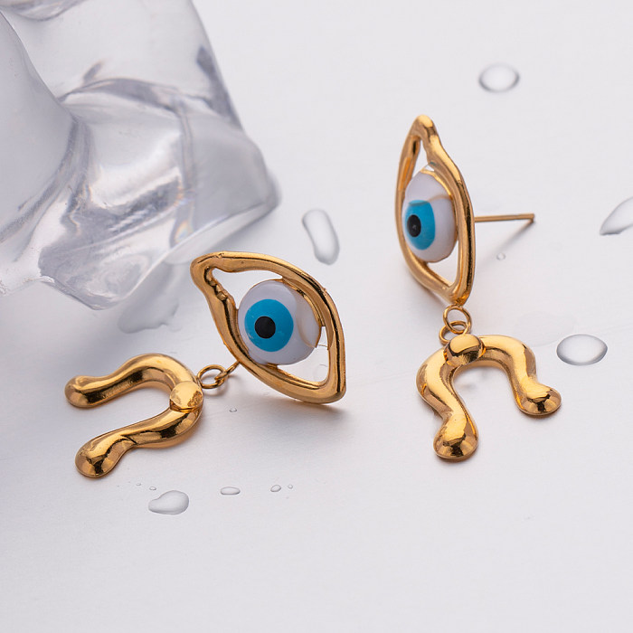 1 Pair Simple Style Commute Devil'S Eye Asymmetrical Enamel Plating Stainless Steel  18K Gold Plated Drop Earrings