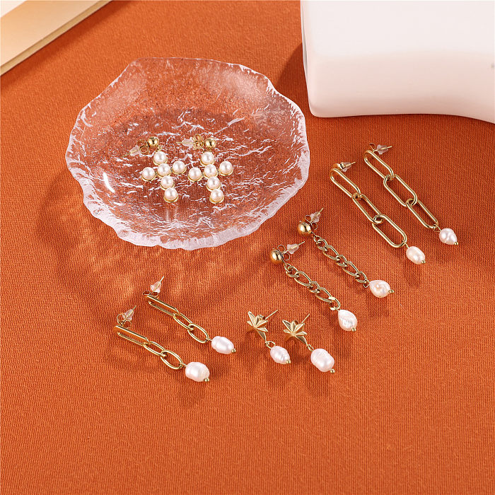 1 paire de boucles d'oreilles élégantes et luxueuses avec pampilles croisées plaquées en acier inoxydable, Imitation de perles, plaquées or 18 carats