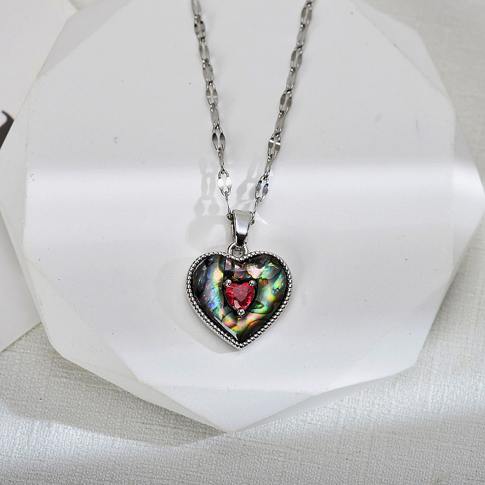Streetwear Heart Shape Stainless Steel Copper Epoxy Transparent Inlay Agate Zircon Pendant Necklace