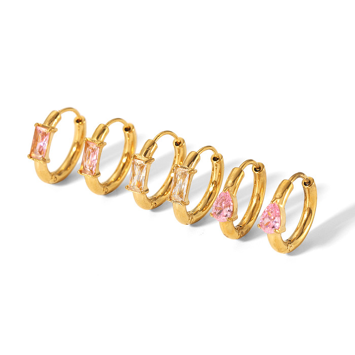 1 Paar schlichte, runde, rechteckige, polierende, plattierte Inlay-Ohrringe aus Edelstahl mit Zirkon und 18-Karat-Vergoldung