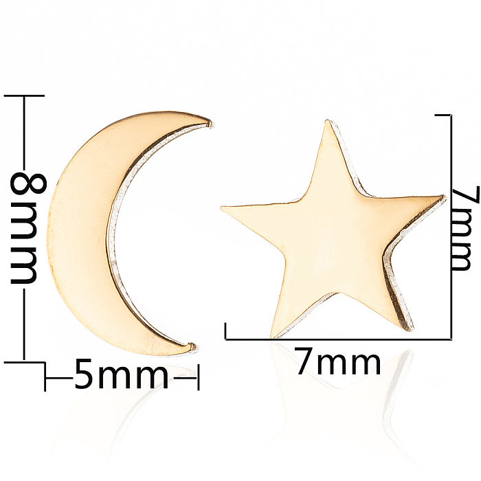 Clous d'oreilles plaqués asymétriques en acier inoxydable, étoile et lune, 1 paire