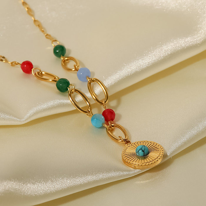 Modische Halskette mit rundem Edelstahl-Anhänger, vergoldetes Inlay, türkisfarbene Edelstahl-Halsketten