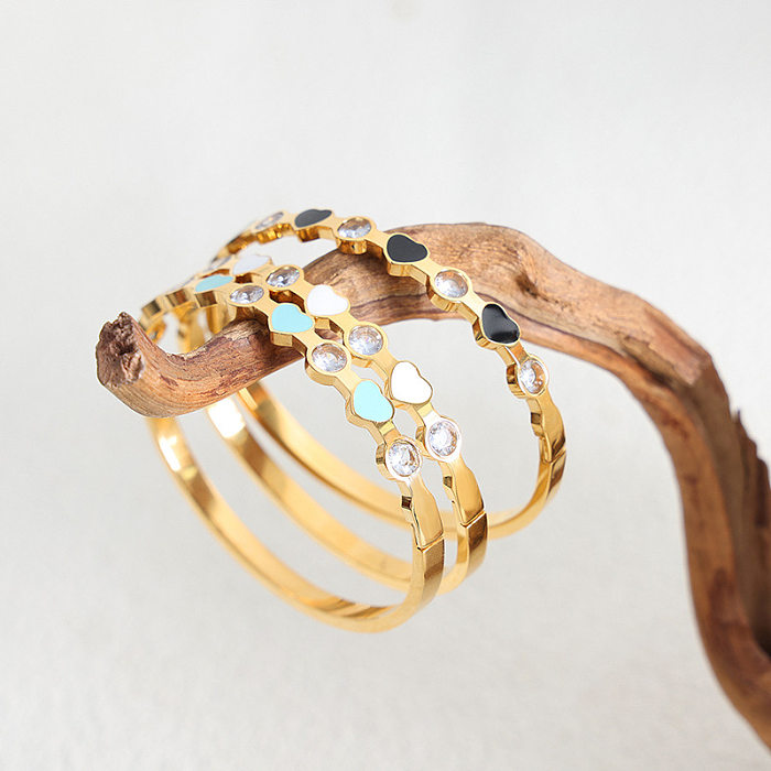 Simple Style Heart Shape Titanium Steel Enamel Plating Inlay Zircon Bangle