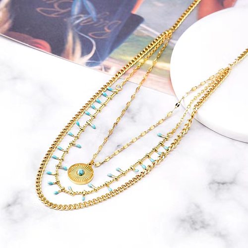 Retro Bohemian Geometric Eye Stainless Steel Plating Inlay Turquoise Layered Necklaces