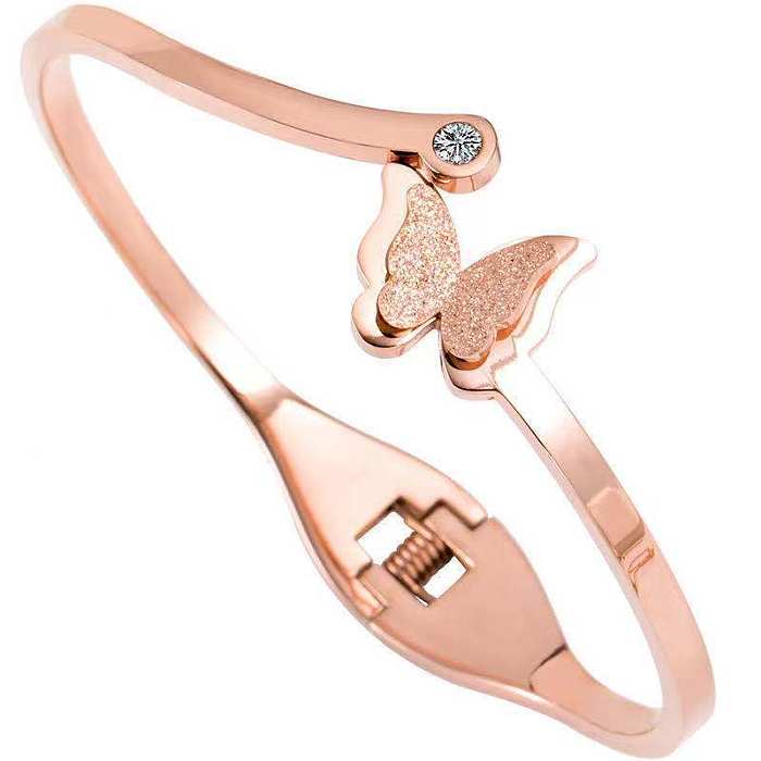 Sweet Butterfly Titanium Steel Plating Inlay Zircon 18K Gold Plated Bangle
