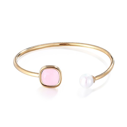 Moda criativa pérola rosa aberto pulseira de aço inoxidável joias por atacado