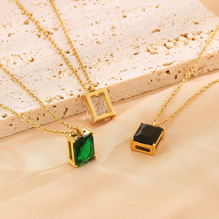 Luxurious Square Stainless Steel  Inlay Zircon 18K Gold Plated Pendant Necklace