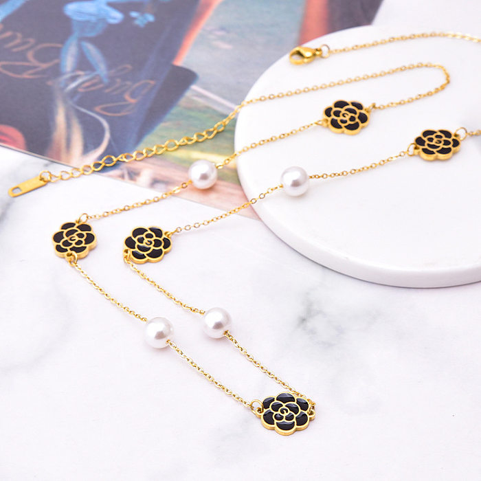 Retro Flower Stainless Steel Epoxy Artificial Pearls Necklace