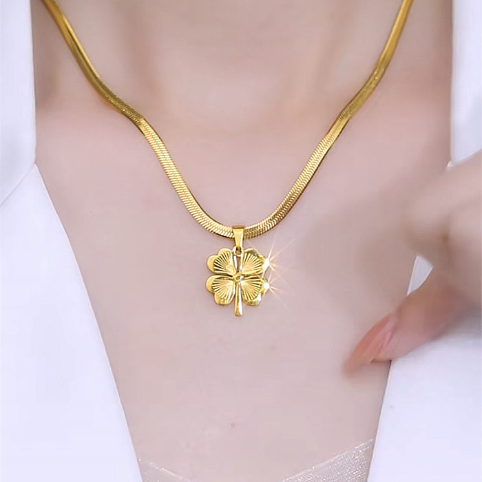 IG Style Four Leaf Clover Stainless Steel Plating 18K Gold Plated Pendant Necklace